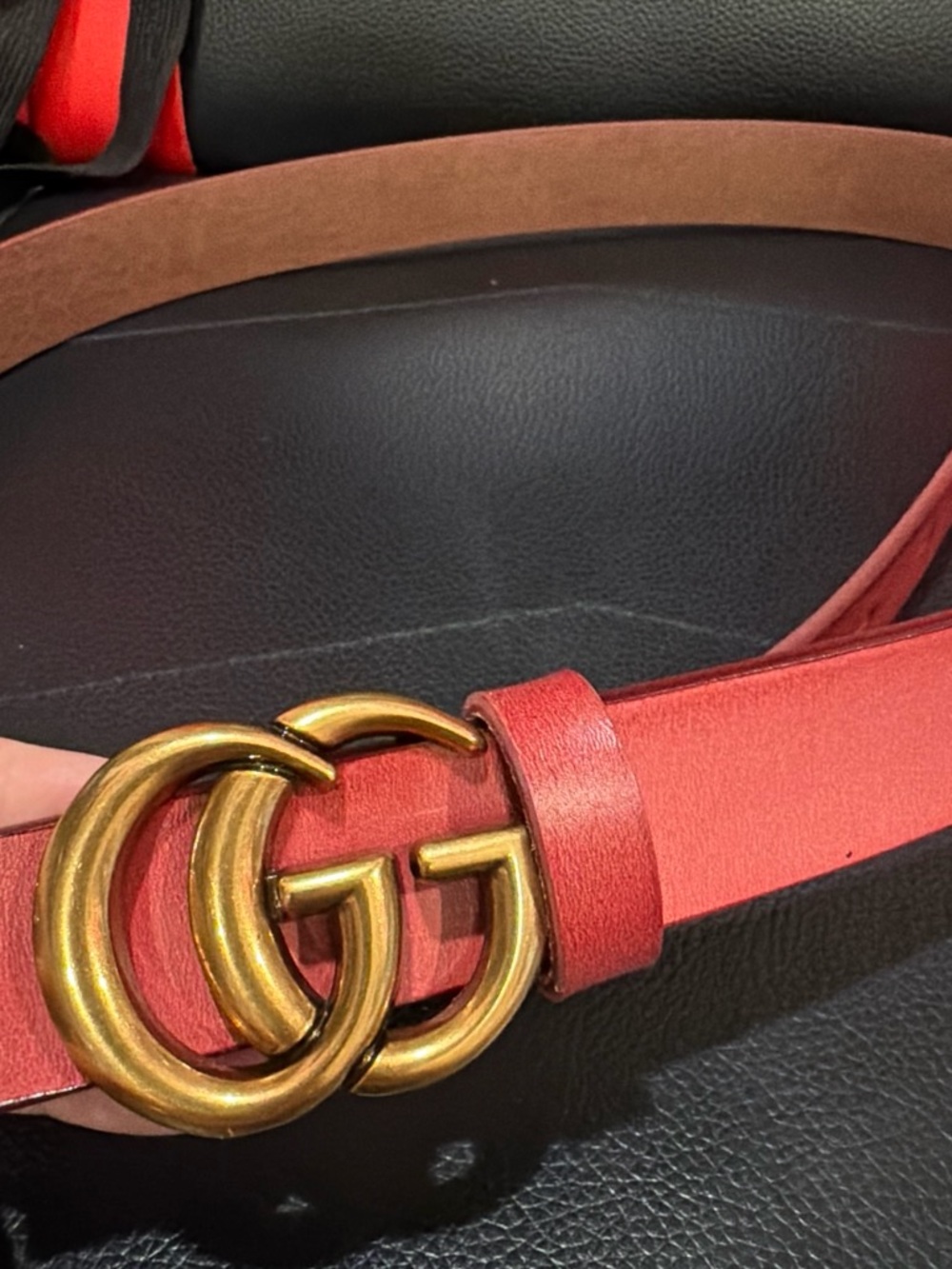 Red/burgundy belt with gold Buckle